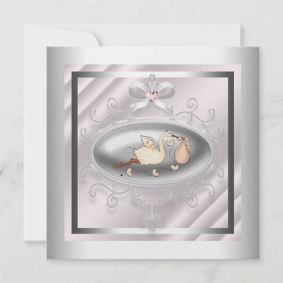 Silver Pink Stork Baby Girl Shower Custom Invitation