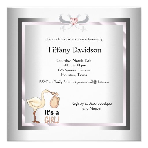Silver Pink Stork Baby Girl Shower Custom Invitation
