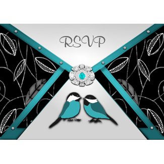Silver & Pool Blue Love Birds Wedding RSVP Cards invitation