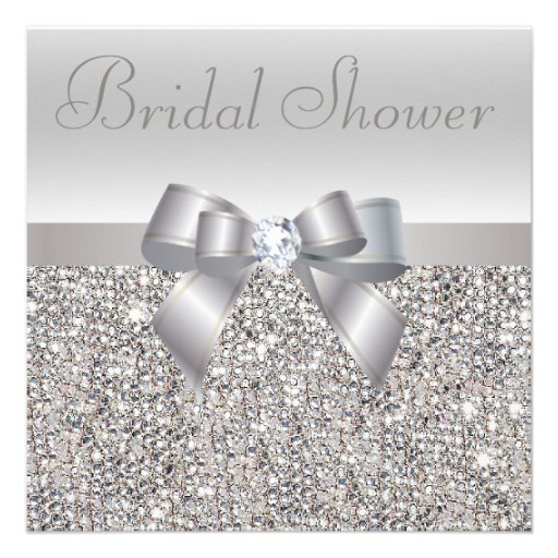 Silver Printed Sequins Bow & Diamond Bridal Shower Announcements