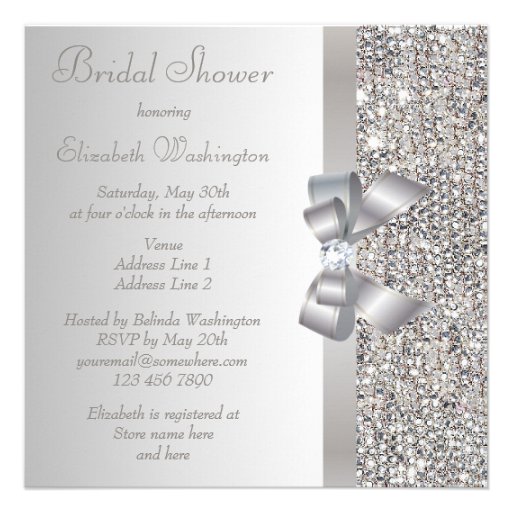 Silver Printed Sequins Bow & Diamond Bridal Shower Announcements