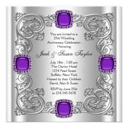 Silver Purple 25th Wedding Anniversary Party Personalized Invitation