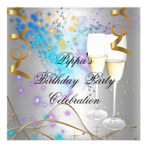Silver Purple Blue Gold Birthday Party Champagne Announcements