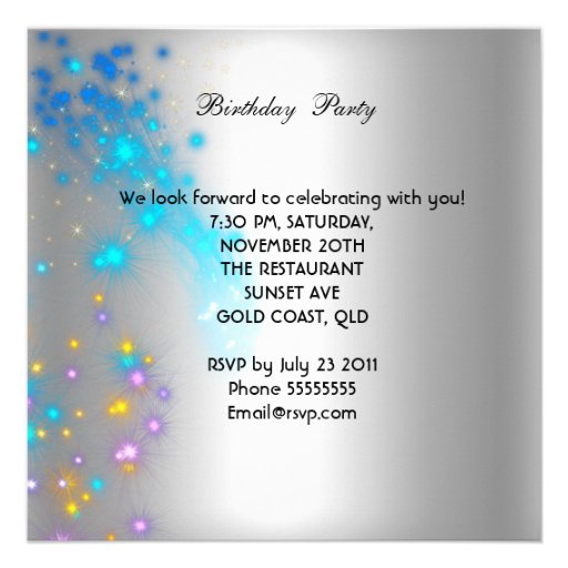 Silver Purple Blue Gold Birthday Party Champagne Announcements
