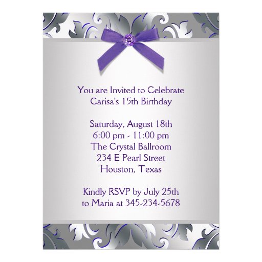 Silver Purple Damask Elegant Purple Quinceanera Announcement