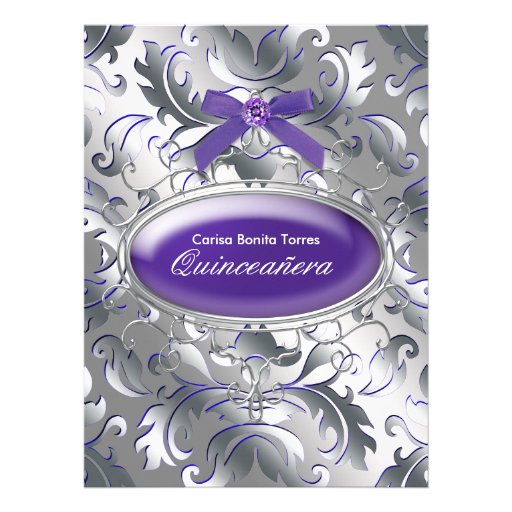 Silver Purple Damask Elegant Purple Quinceanera Announcement