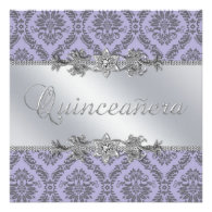 Silver Purple Damask Quinceanera Announcements
