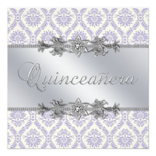Silver Purple Damask Quinceanera Invites