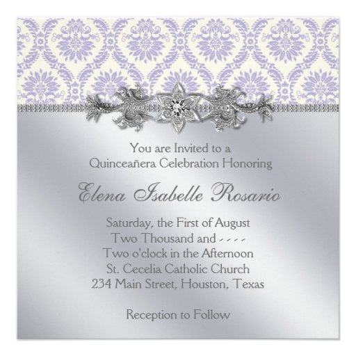 Silver Purple Damask Quinceanera Invites