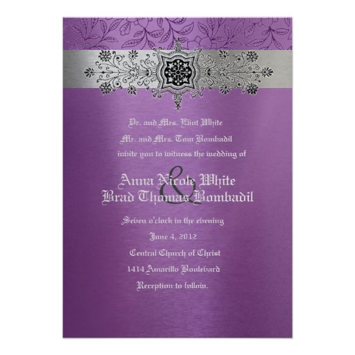 Silver & Purple Floral Metallic Wedding Invitation