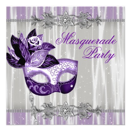 Silver Purple Sparkles Purple Masquerade Party Announcement (front side)