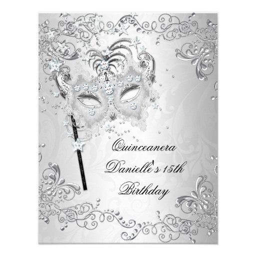 Silver Quinceanera 15th Birthday Masquerade Custom Invitation