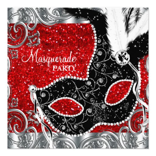 Silver Red and Black Mask Masquerade Party Custom Invitations (front side)