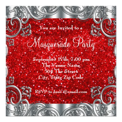 Silver Red and Black Mask Masquerade Party Custom Invitations