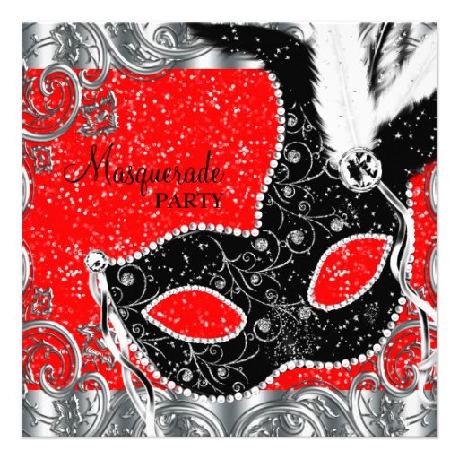 Silver Red and Black Mask Masquerade Party Custom Invite