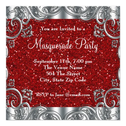 Silver Red and Black Mask Masquerade Party Personalized Announcements