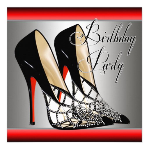 Silver Red Black High Heels Birthday Party Personalized Announcements