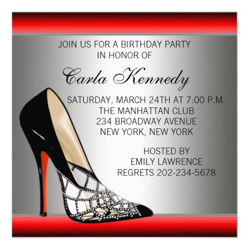 Silver Red Black High Heels Birthday Party Personalized Announcements
