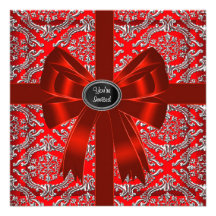 Silver Red Damask Corporate Christmas Party Personalized Invitation