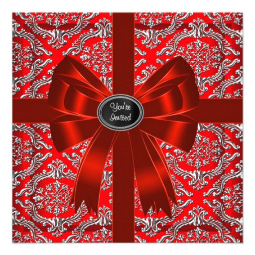 Silver Red Damask Corporate Christmas Party Personalized Invitation (front side)