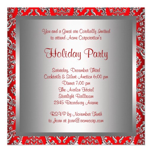 Silver Red Damask Corporate Christmas Party Personalized Invitation