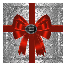 Silver Red Damask Corporate Christmas Party Custom Invites