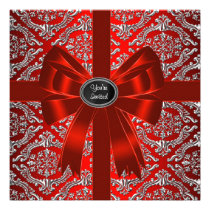 Silver Red Damask Corporate Christmas Party Announcement at Zazzle