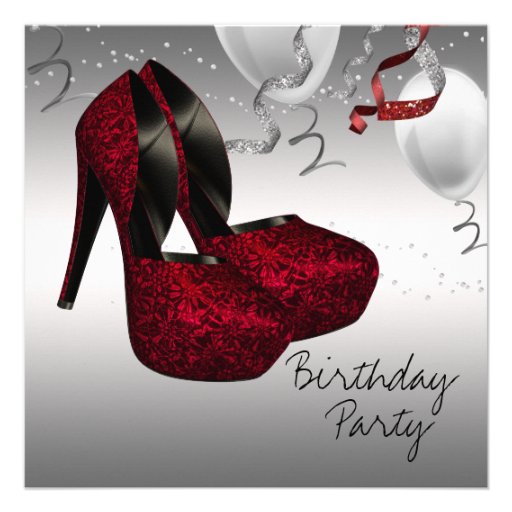 Silver Red High Heel Shoes Birthday Party Personalized Invite
