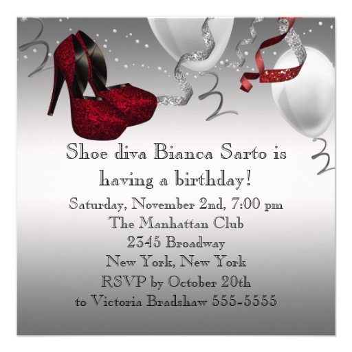 Silver Red High Heel Shoes Birthday Party Personalized Invite