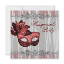 Silver Red Sparkles Red Masquerade Party Personalized Announcements