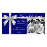 Silver Ribbon Bow First Christmas Photo Cards