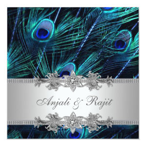 Silver Royal Blue Peacock Wedding 5.25x5.25 Square Paper Invitation Card