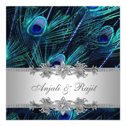 Silver Royal Blue Peacock Wedding Invites