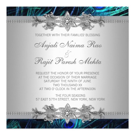 Silver Royal Blue Peacock Wedding Invites