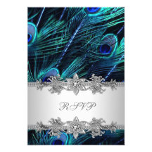 Silver Royal Blue Peacock Wedding RSVP Personalized Announcement