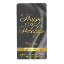 Silver Satin Gold Scroll Happy Holidays Wine Label