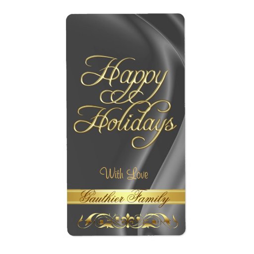 Silver Satin Gold Scroll Happy Holidays Wine Label