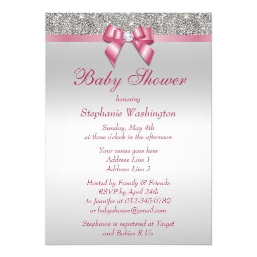 Silver Sequins and Bow Girls Pink Baby Shower Personalized Announcement