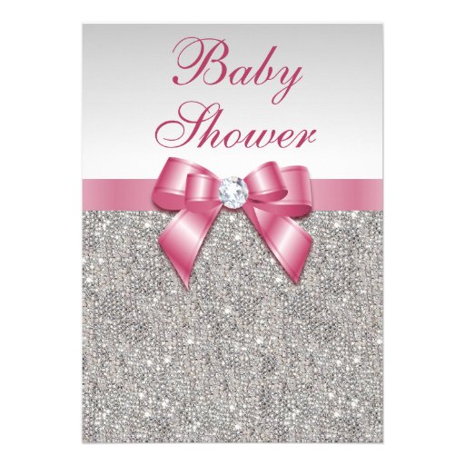 Silver Sequins and Bow Girls Pink Baby Shower Personalized Announcement