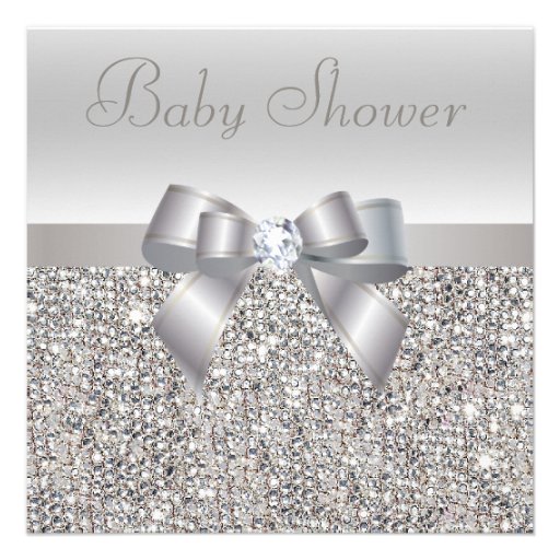 Silver Sequins, Bow & Diamond Baby Shower Custom Announcements