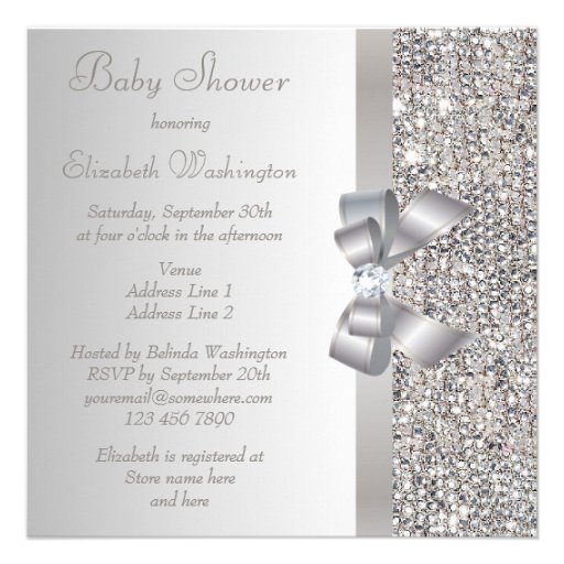 Silver Sequins, Bow & Diamond Baby Shower Custom Announcements
