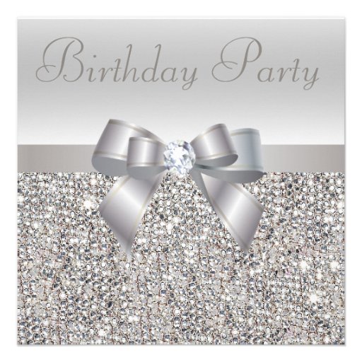 Silver Sequins, Bow & Diamond Birthday Party Personalized Announcements