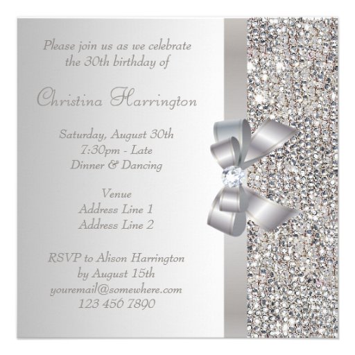 Silver Sequins, Bow & Diamond Birthday Party Personalized Announcements