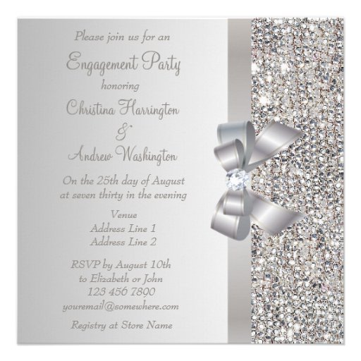 Silver Sequins, Bow & Diamond Engagement Party Invite