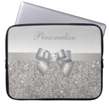 Silver Sequins, Bow & Diamond Personalized Laptop Computer Sleeve