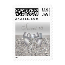 Silver Sequins, Bow & Diamond Sweet 16 Postage Stamps