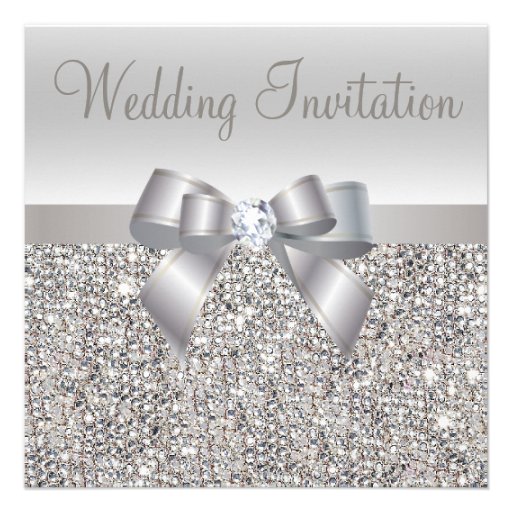 Silver Sequins, Bow & Diamond Wedding Invites (front side)