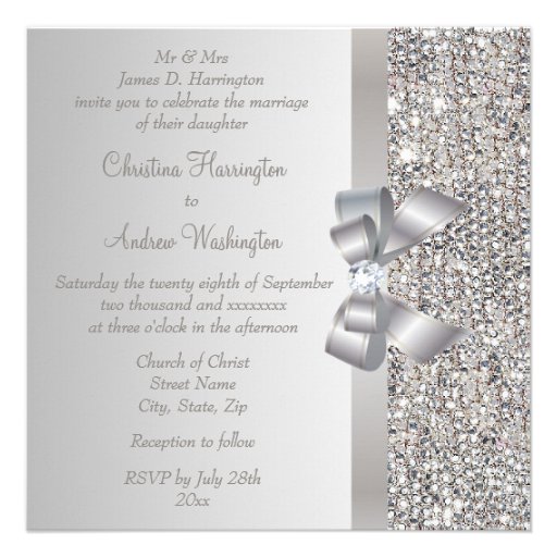 Silver Sequins, Bow & Diamond Wedding Invites