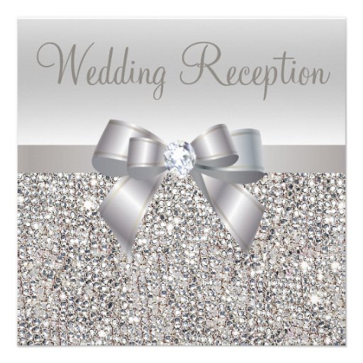 Silver Sequins, Bow & Diamond Wedding Reception Invites (front side)