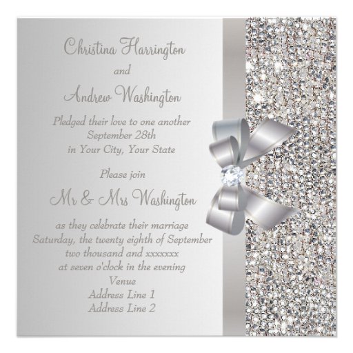 Silver Sequins, Bow & Diamond Wedding Reception Invites